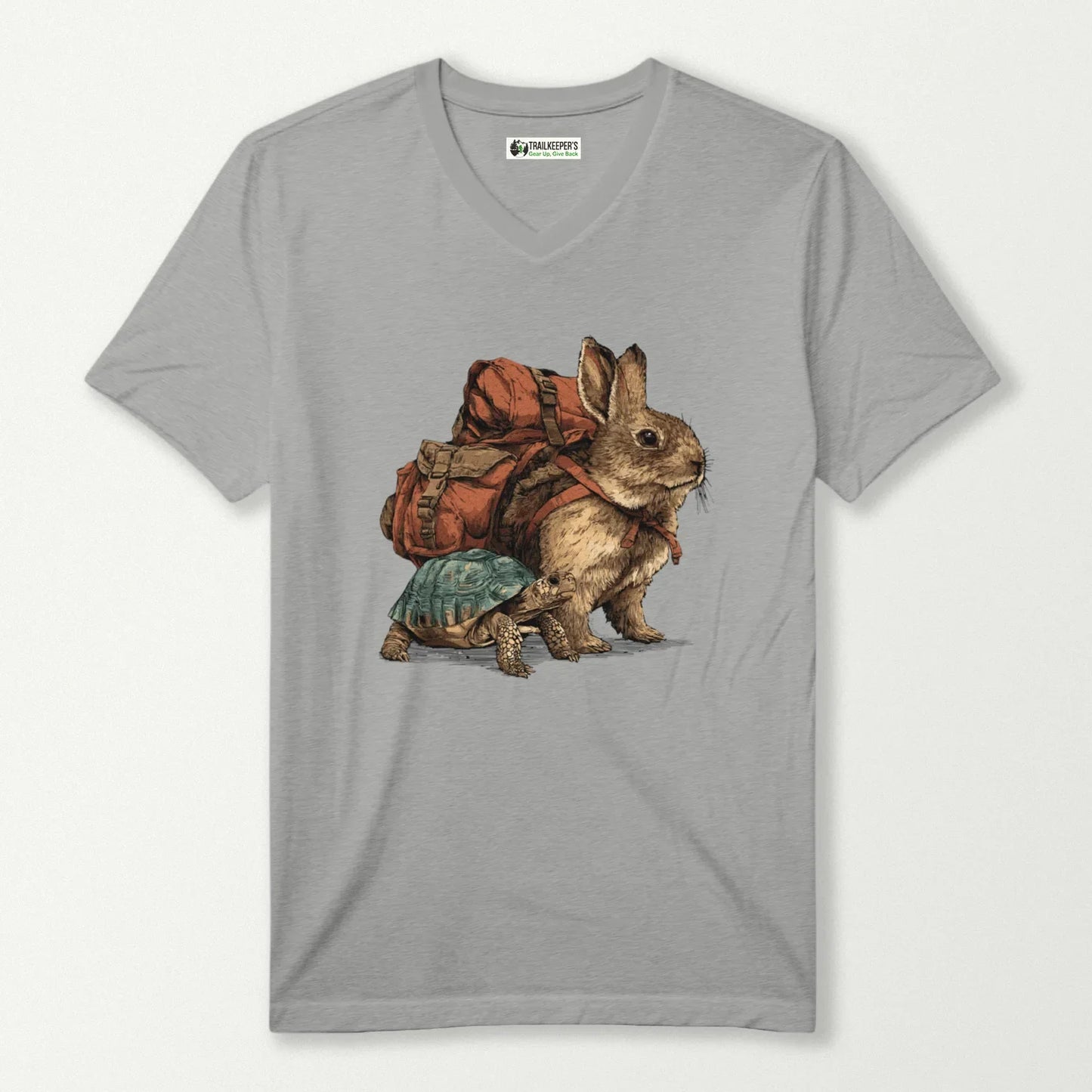 Rabbit Backpacker Next To Turtle V-Neck T-Shirt