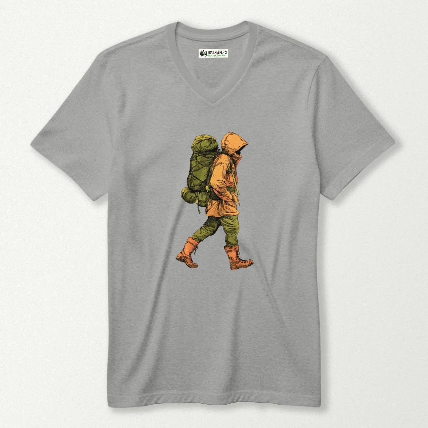 Backpacker In Raingear V-Neck T-Shirt