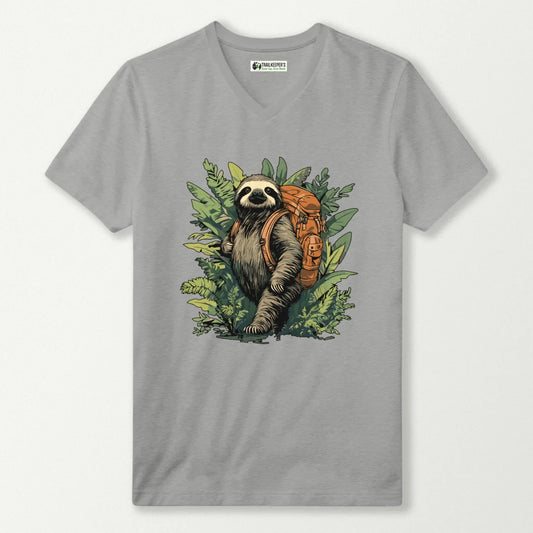 Sloth Backpacker In Forest V-Neck T-Shirt