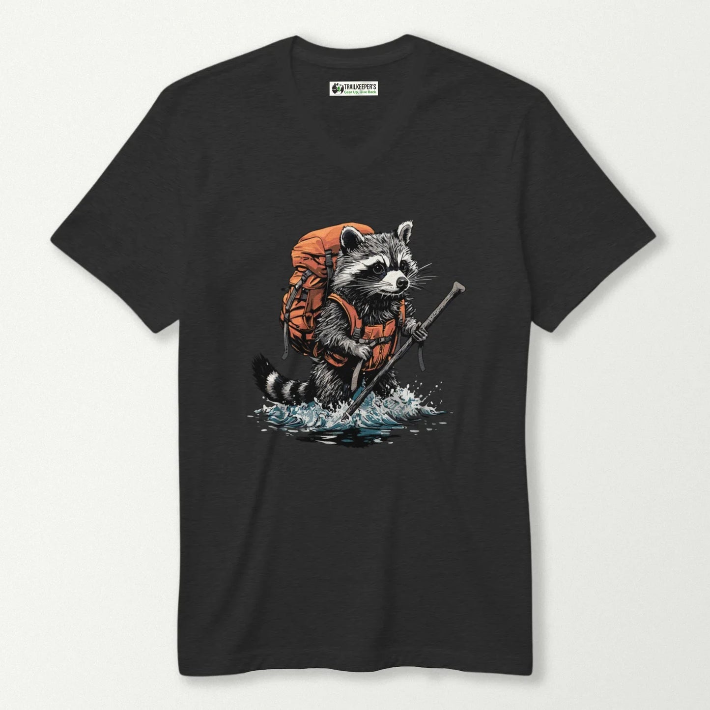 Raccoon Backpacker Fording River V-Neck T-Shirt